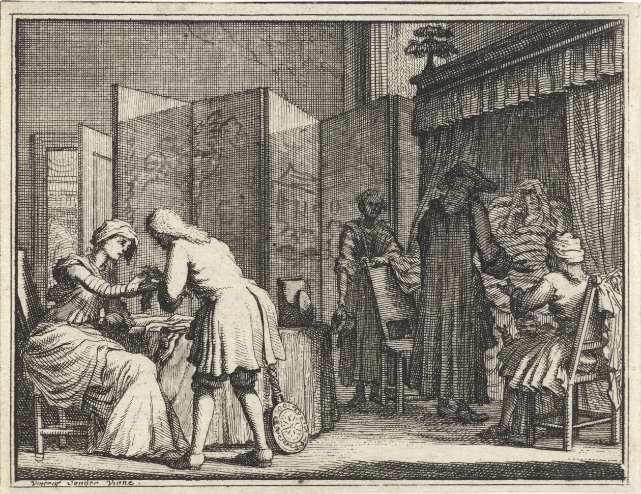 Figure intorno a un letto di malato e un medico che fascia una donna da Vincent Laurensz. van der Vinne (II)