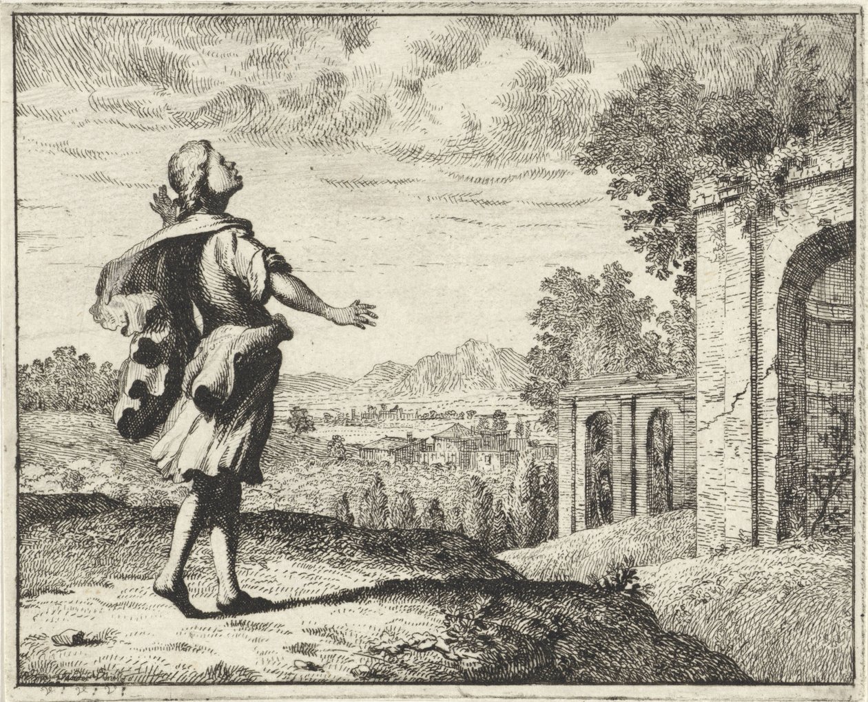 Uomo in un paesaggio che guarda verso il cielo da Vincent Laurensz. van der Vinne (II)