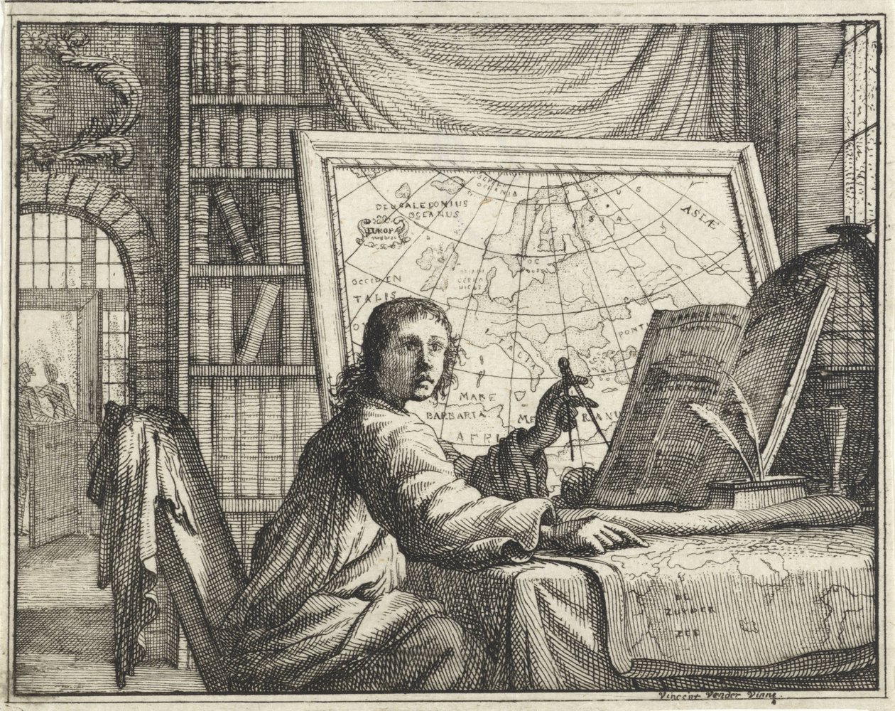 Uomo con compasso vicino a mappe da Vincent Laurensz. van der Vinne (II)