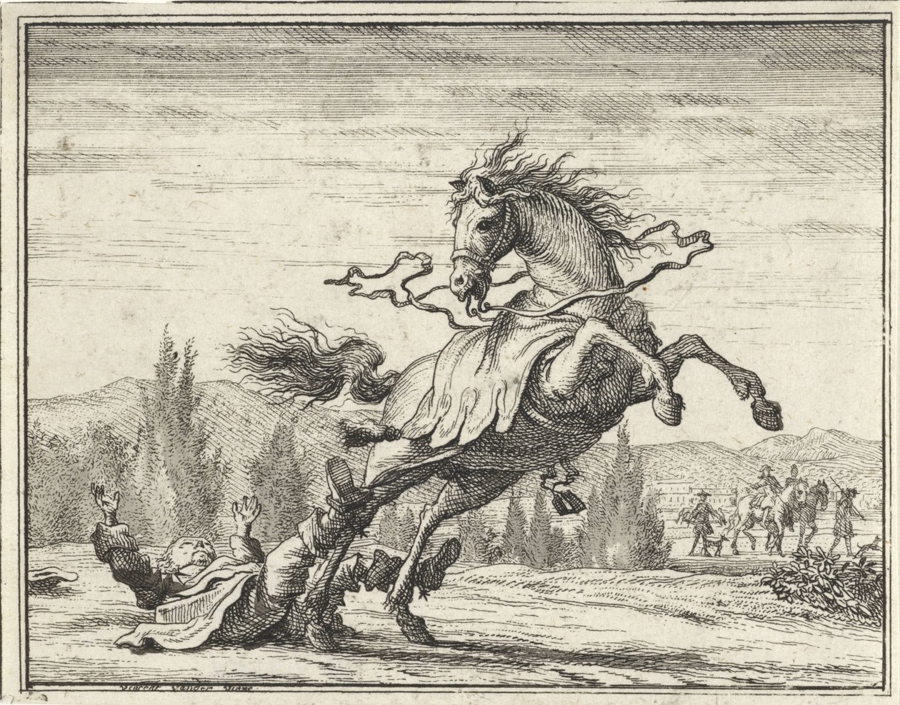 Uomo che cade da un cavallo da Vincent Laurensz. van der Vinne (II)