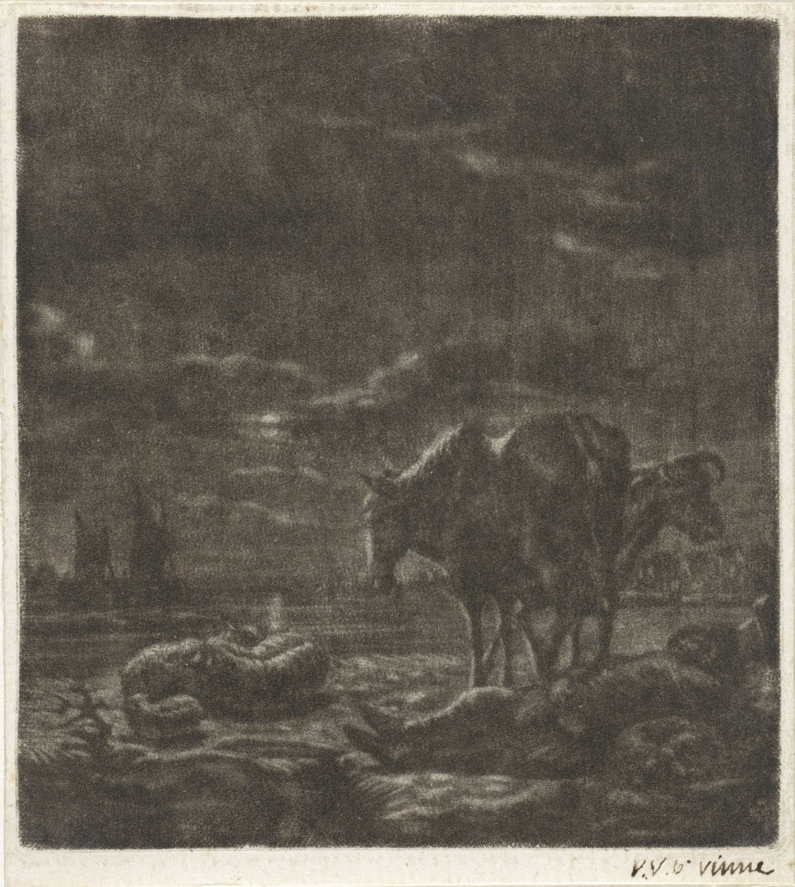 Paesaggio notturno con pastore dormiente e bestiame da Vincent Laurensz. van der Vinne (II)