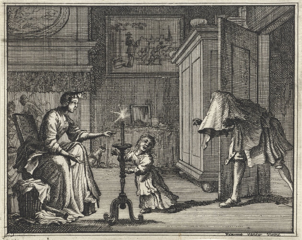 Padre spaventa un bambino in un interno da Vincent Laurensz. van der Vinne (II)
