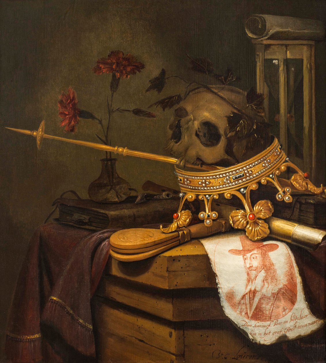 Vanitas con teschio, corona, scettro, flauto, soffietto, clessidra, garofani in un vaso di vetro, pergamena, libro e ritratto inciso di Carlo I da Vincent Laurensz van der Vinne