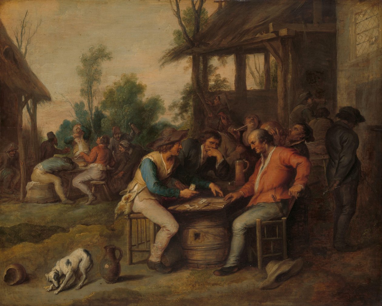 Due uomini che giocano a carte fuori da una locanda di campagna da Vincent Malò (II) (attributed to)