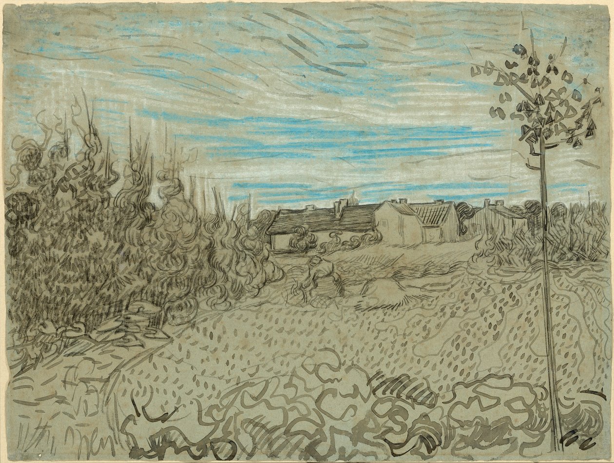 Cottage con una donna che lavora a metà campo da Vincent van Gogh