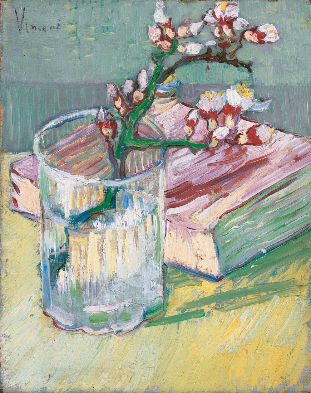 Ramo di Mandorlo Fiorito in un Bicchiere con un Libro, 1888 da Vincent van Gogh