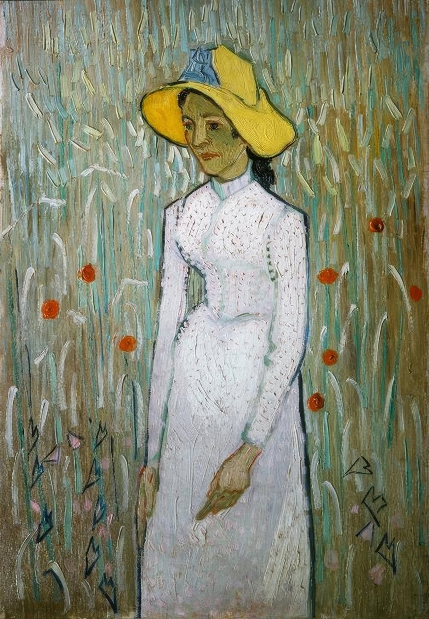 Giovane ragazza in piedi davanti a un campo di grano da Vincent van Gogh