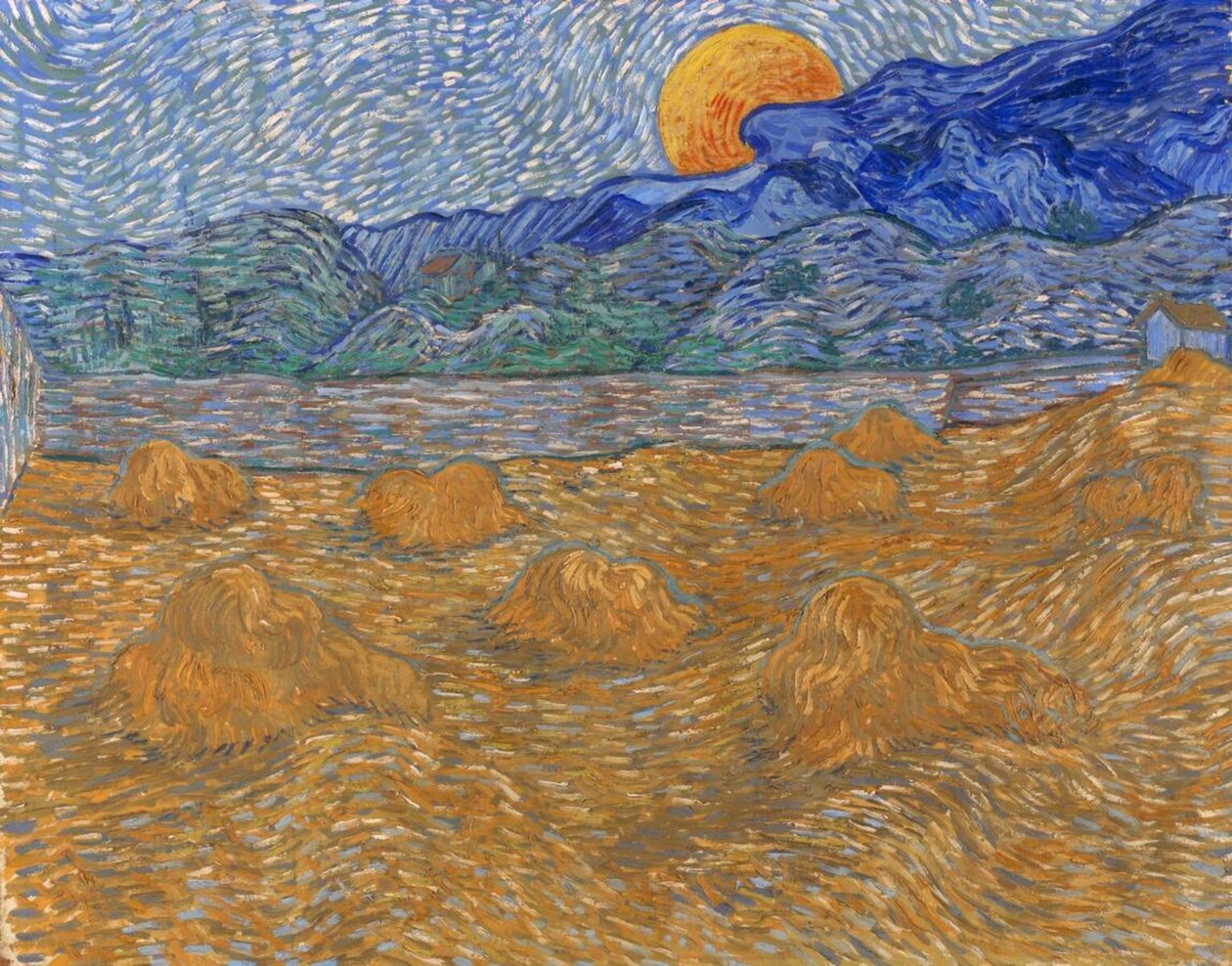 Paesaggio con covoni di grano e luna crescente da Vincent van Gogh