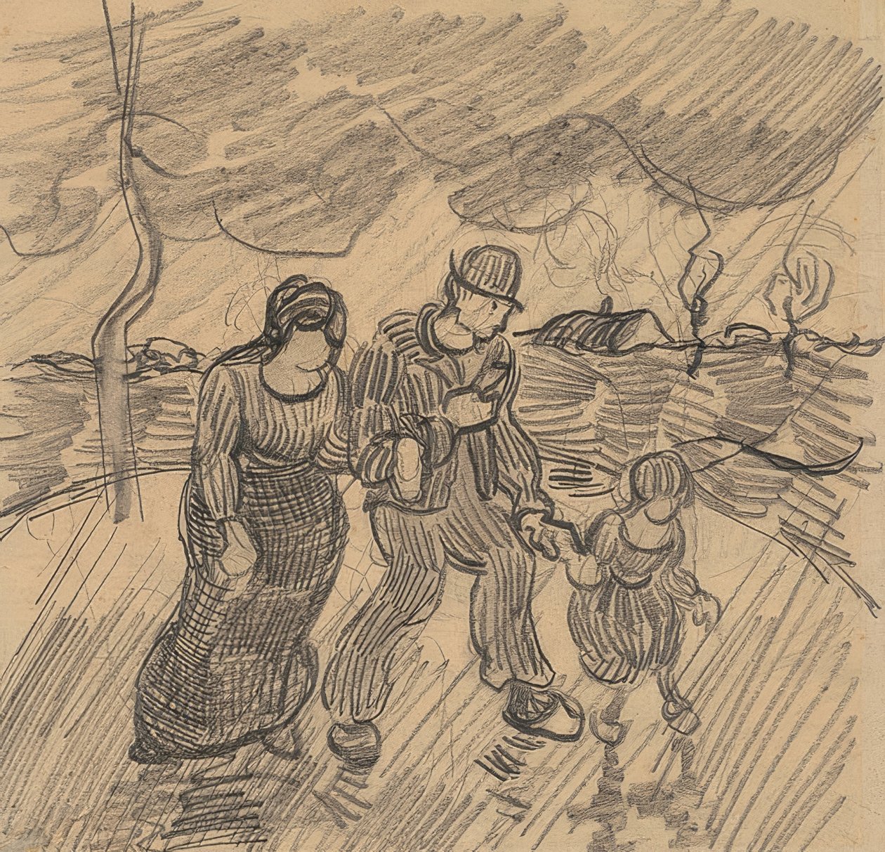Coppia con bambino su una strada sotto la pioggia da Vincent van Gogh