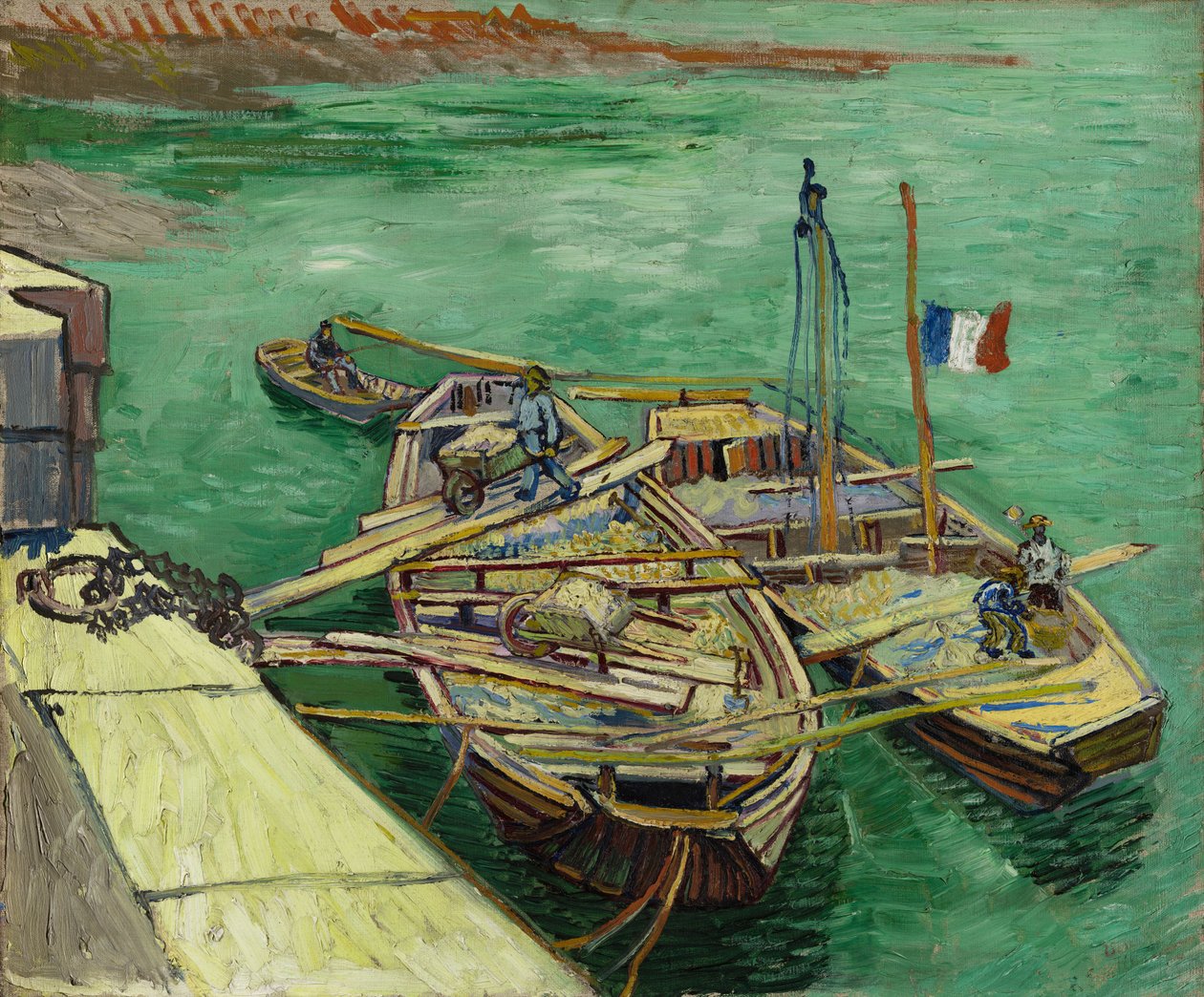 Molo con uomini che scaricano chiatte di sabbia da Vincent van Gogh