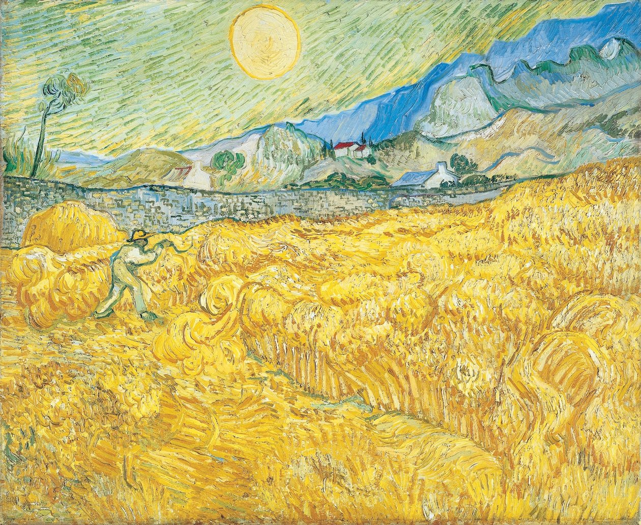 Campo di grano dietro l’ospedale Saint-Paul con una mietitrice da Vincent van Gogh