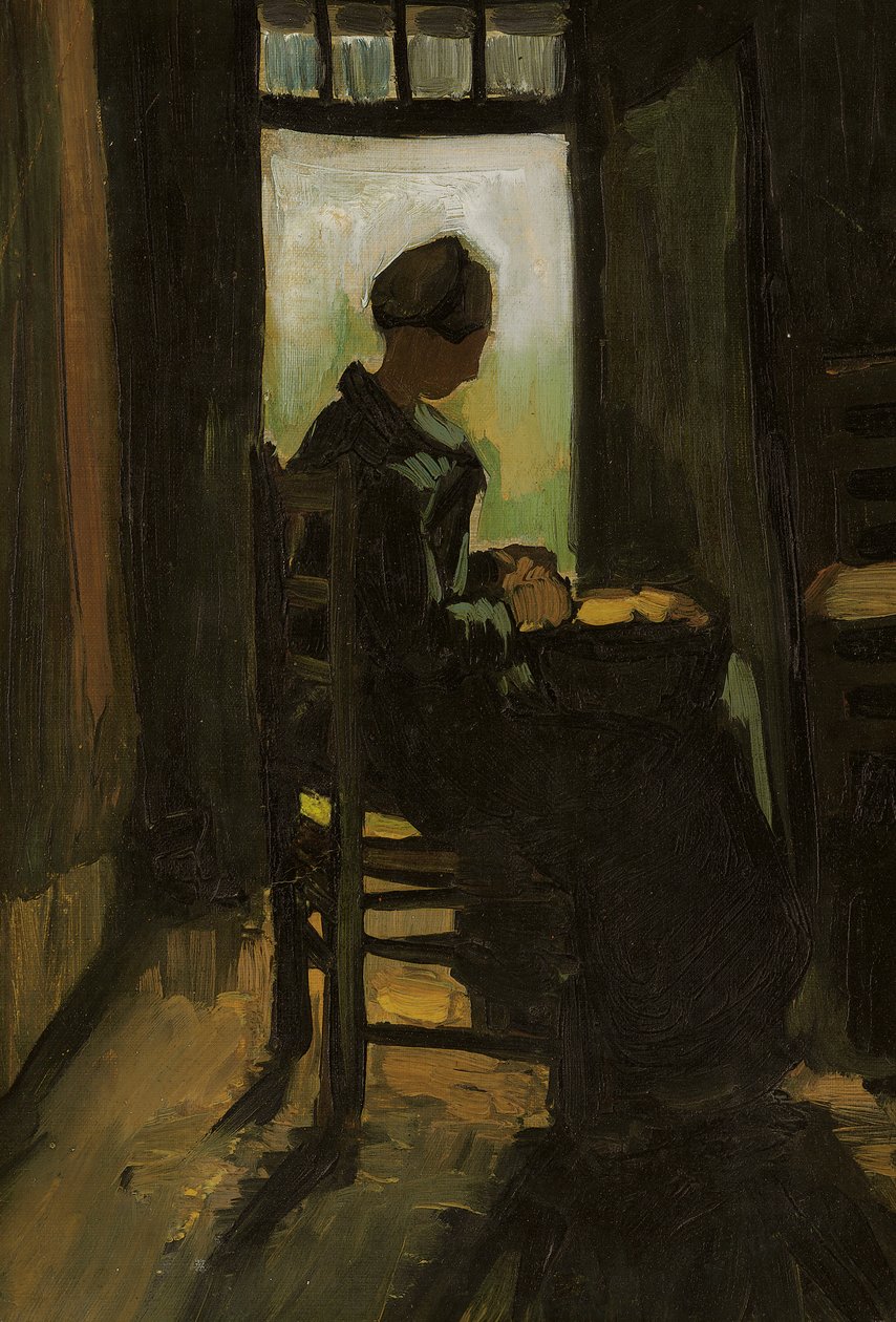 Donna seduta davanti a una porta aperta, sbucciando patate, 1885 da Vincent van Gogh