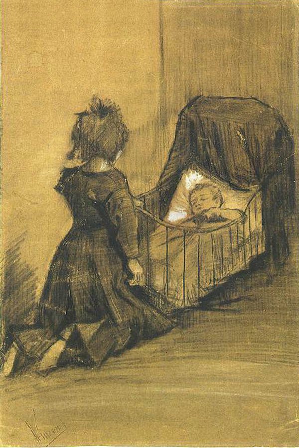 Ragazza inginocchiata accanto a una culla da Vincent van Gogh