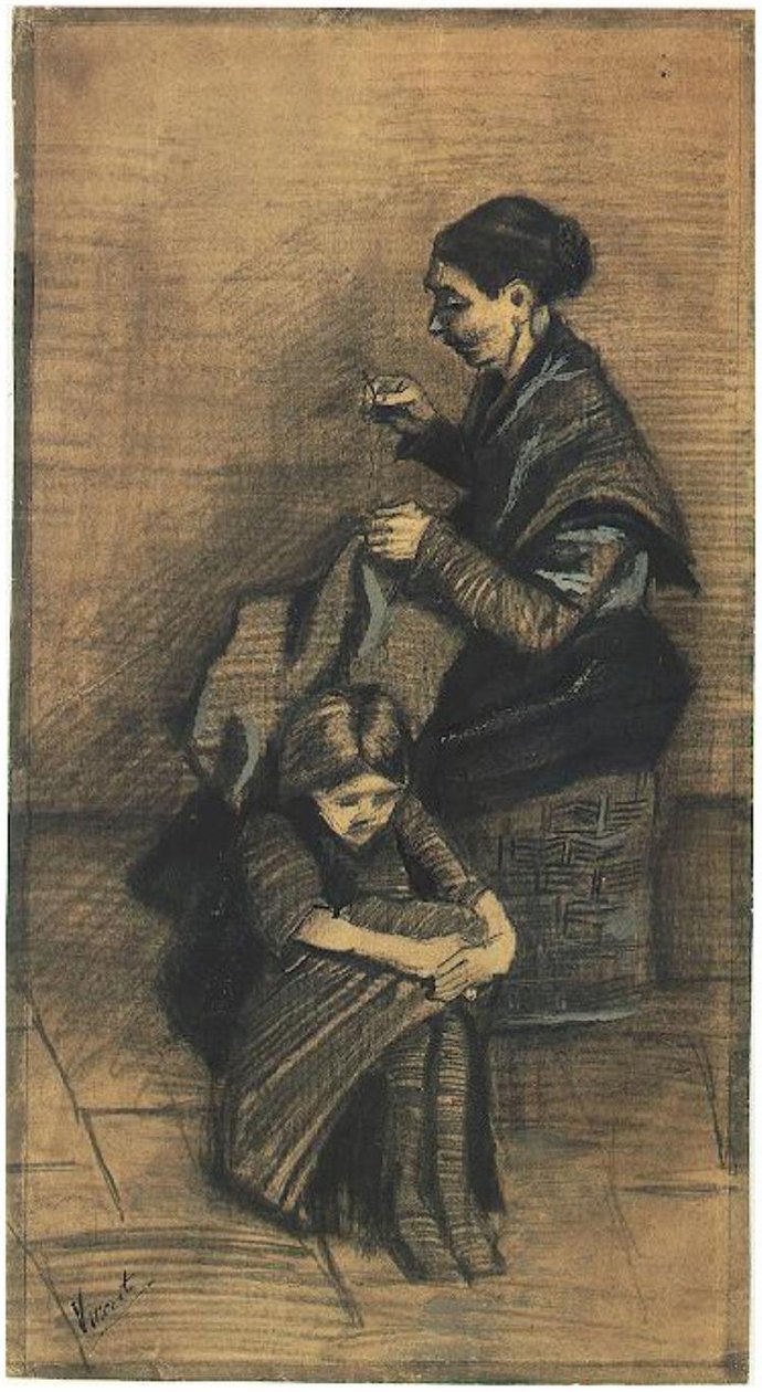 Sien seduta su un cesto con una ragazza da Vincent van Gogh
