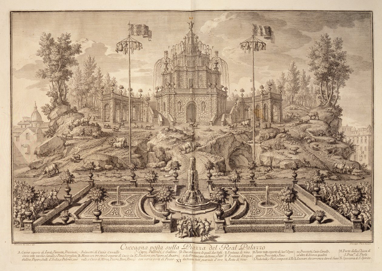 La Cuccagna, da Narrazione delle Solemni Reali Feste, inciso da Giuseppe Vasi (1710-82), pubblicato nel 1749 da Vincenzo dal Re