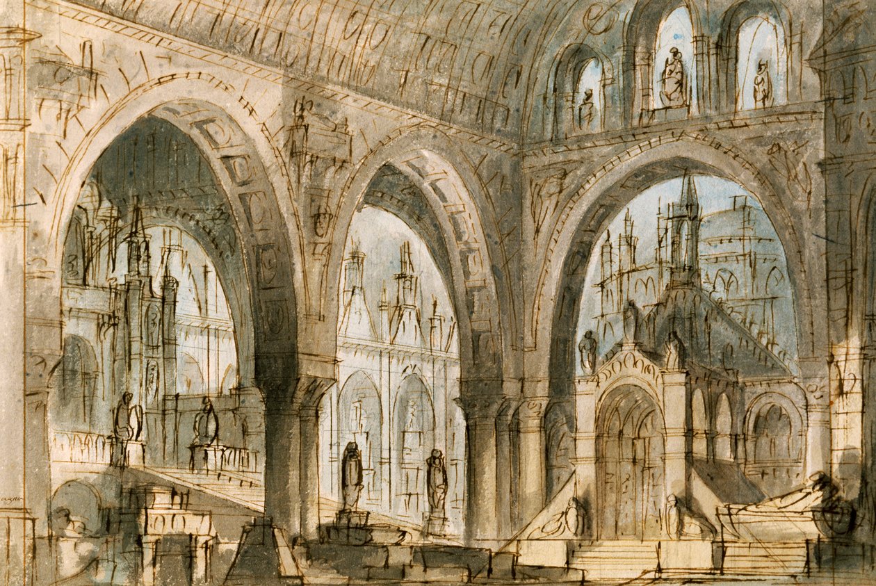 Scenografia di Francesco Bagnara per la quarta scena di Capuleti e Montecchi, opera di Vincenzo Bellini, rappresentata al Teatro La Fenice di Venezia da Vincenzo Bellini