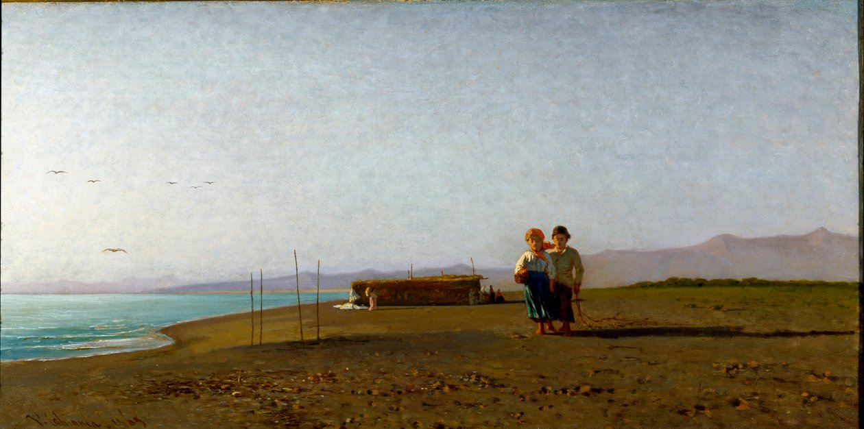 Vista della spiaggia di Viareggio al sole del mattino sulla costa toscana, due sagome di bambini da Vincenzo Cabianca