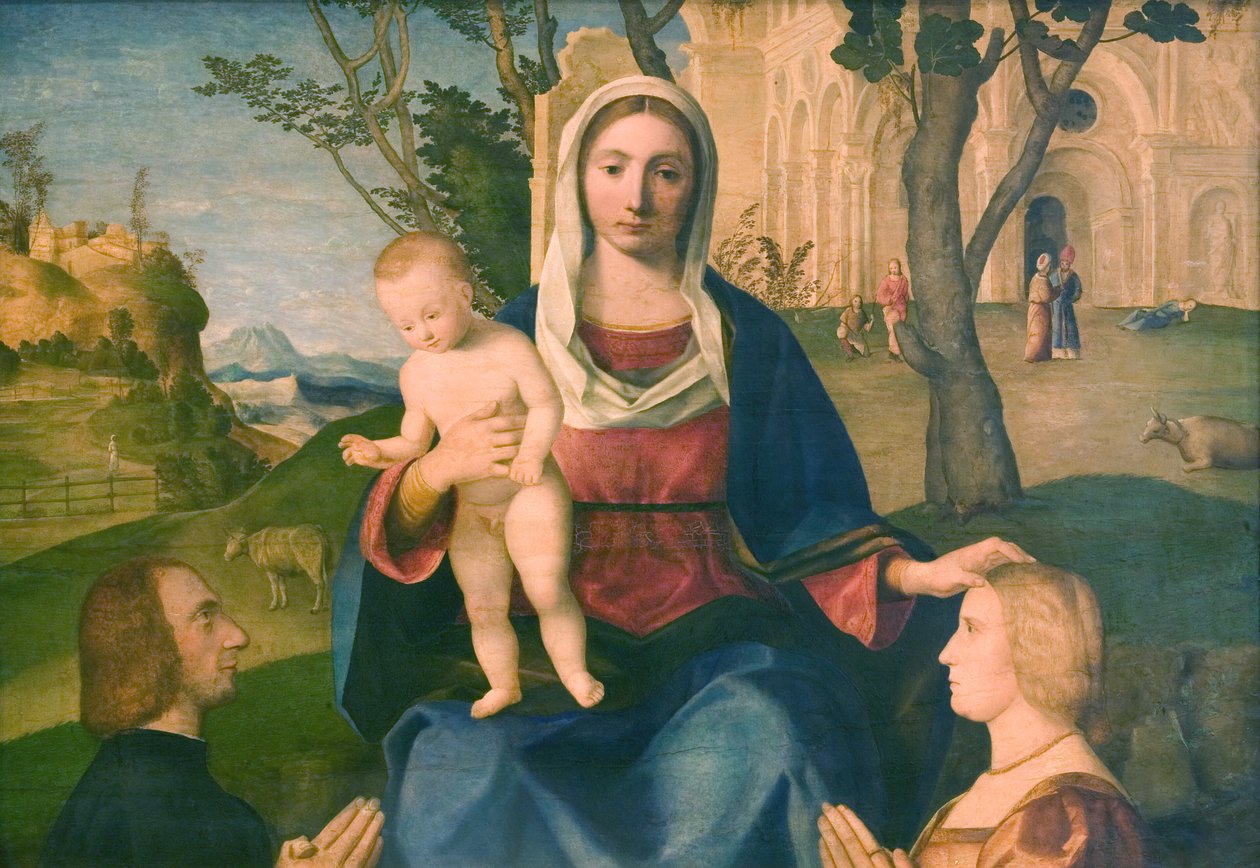 La Vergine e il Bambino con un Donatore Maschio e una Donatrice Femmina da Vincenzo Catena