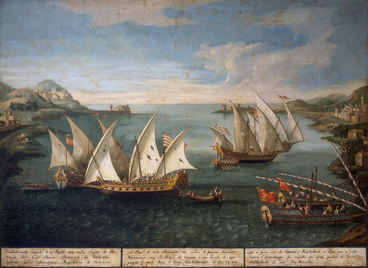 Battaglia navale tra le navi veneziane di Marco Ivanovich Dobrota e le navi turche al largo di Patrasso il 17 aprile da Vincenzo Chilone