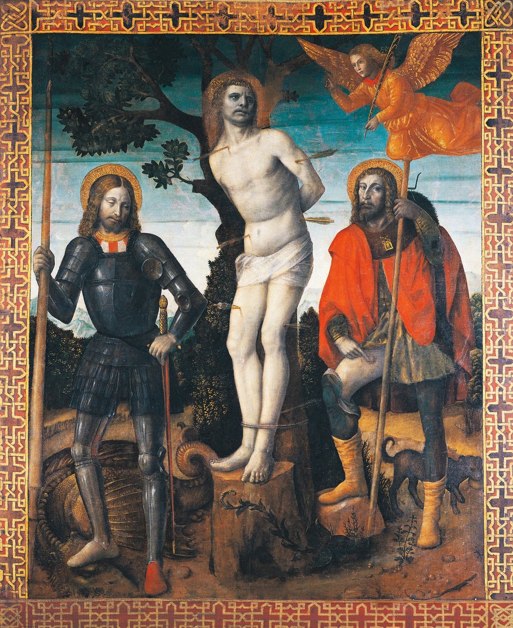 San Sebastiano, San Rocco e San Giorgio, lato posteriore dello stendardo processionale di Orzinuovi, di Vincenzo Foppa, pittura su tela da Vincenzo Foppa