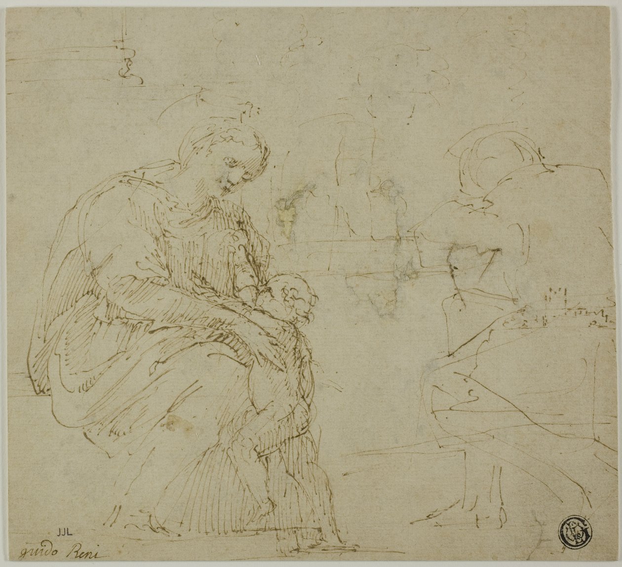 Schizzi di Vergine e Bambino, figura seduta e paesaggio da Vincenzo Tamagni