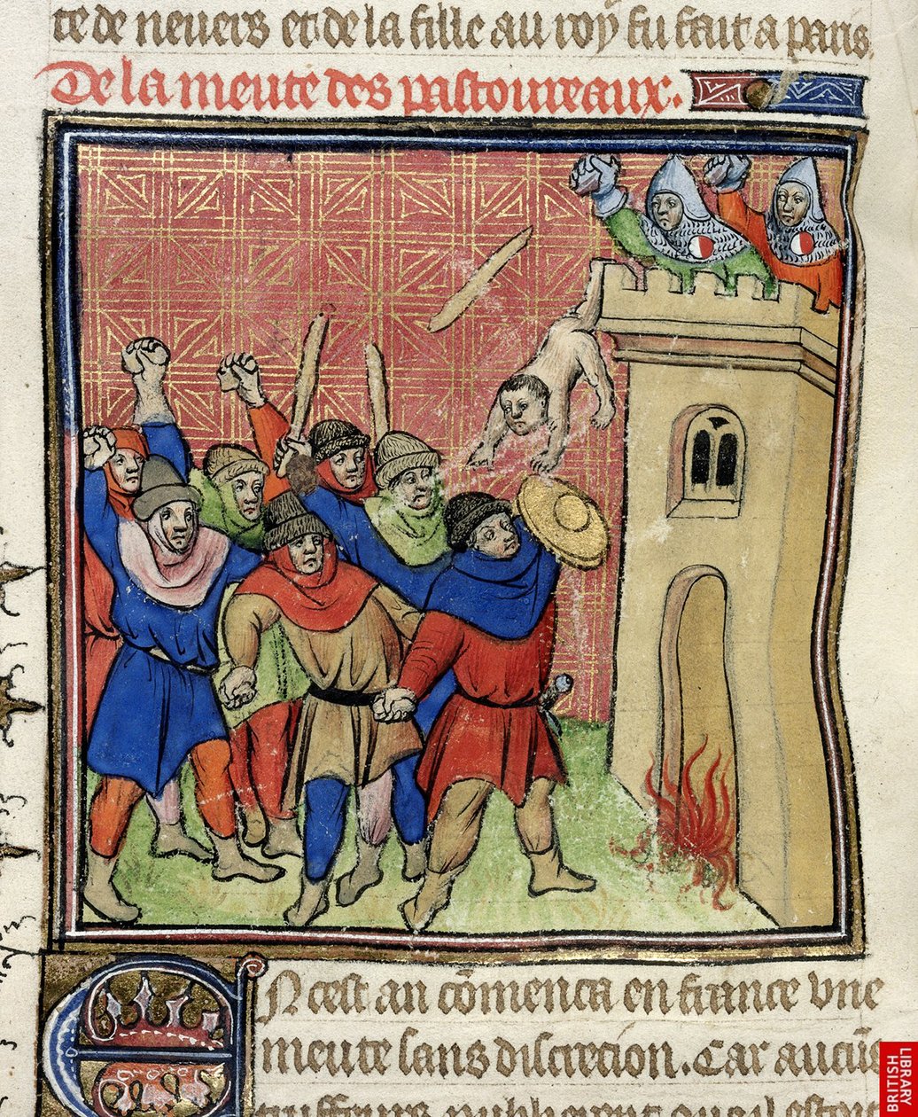 (dettaglio) di una miniatura della Terza Crociata dei Pastoureaux. Ebrei che gettano i loro figli da una torre, dopo il 1380 da Virgil Master
