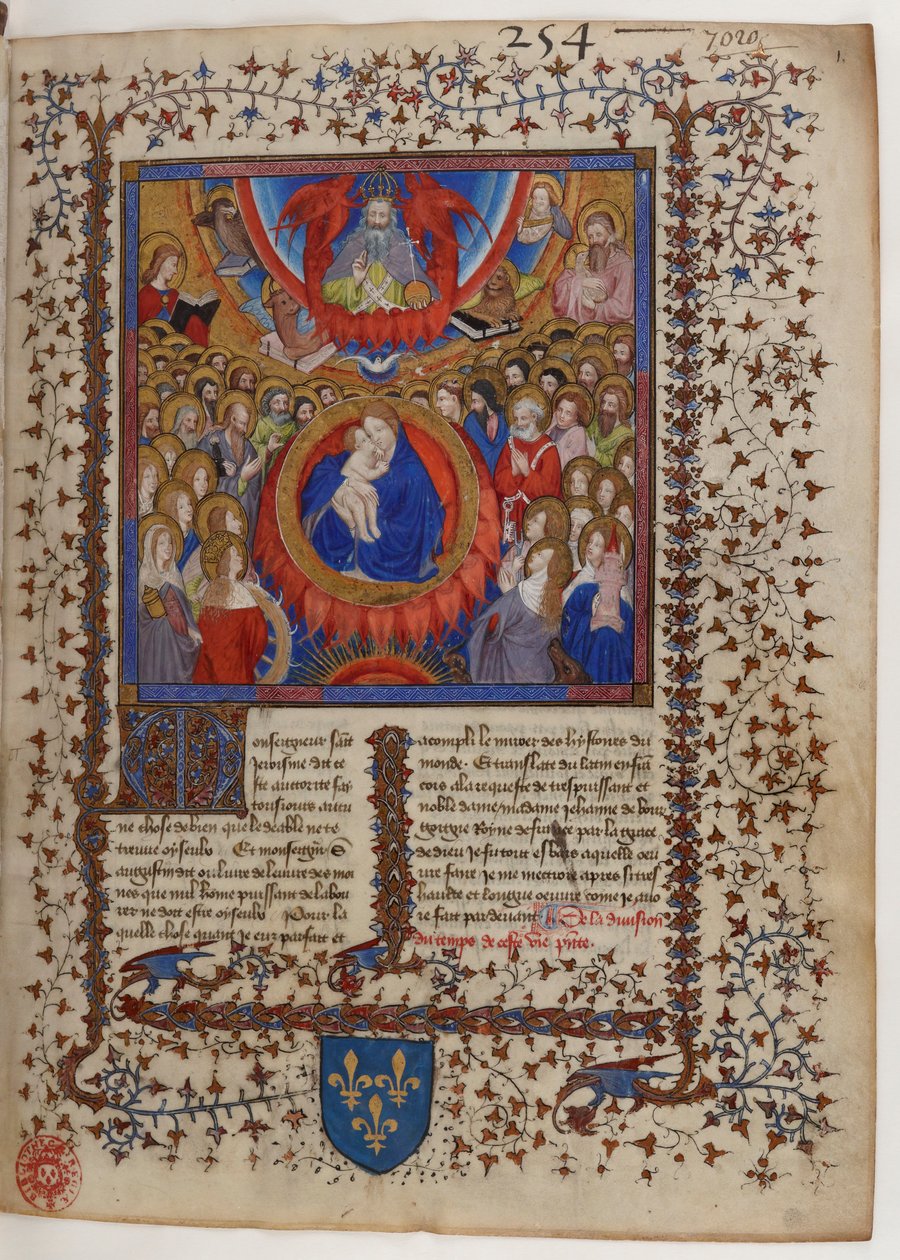 Frontespizio di un manoscritto della Legenda Aurea: la Vergine e il Bambino circondati dalla Corte Celeste, ricevono la benedizione di Dio Padre. da Virgil Master