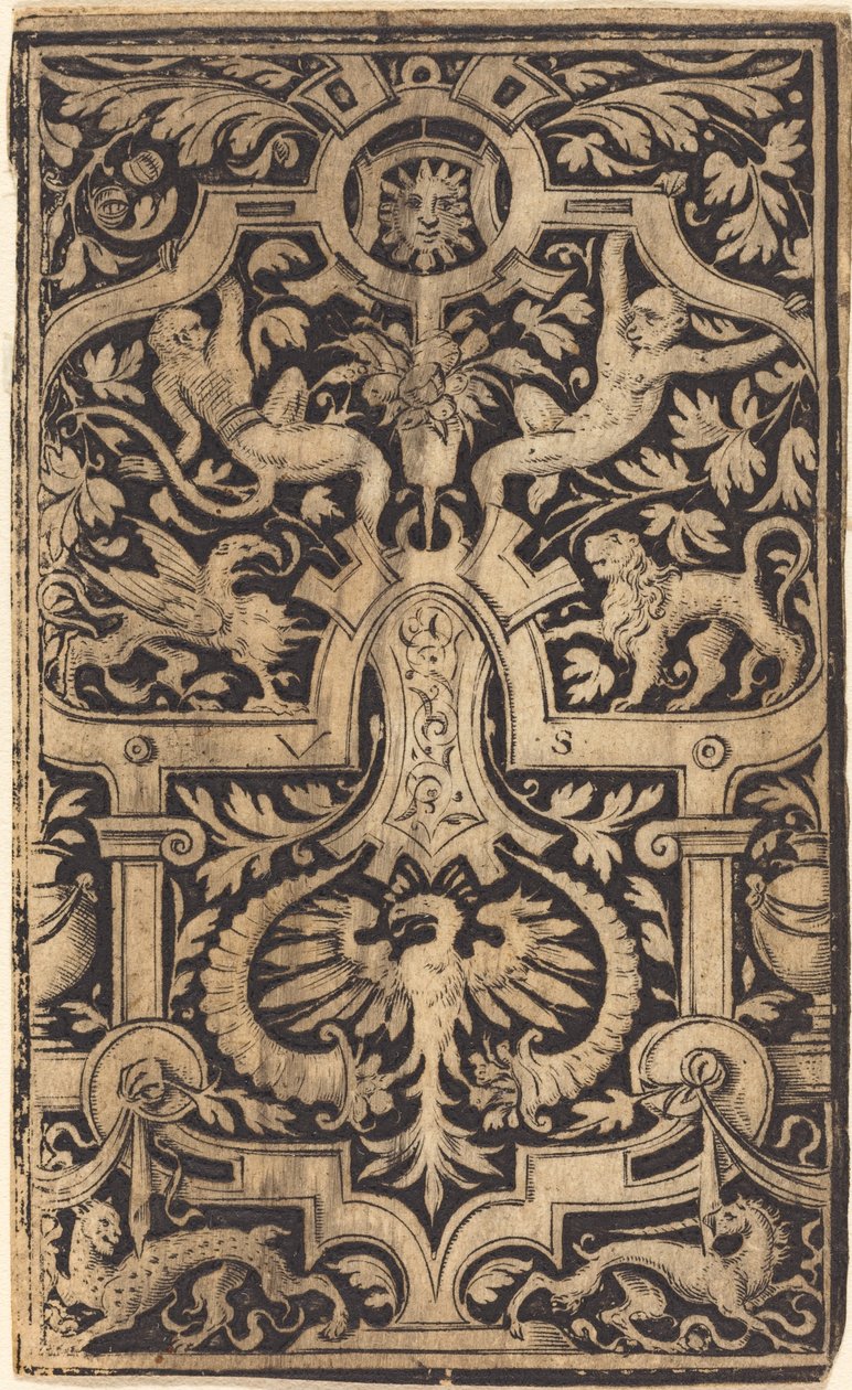 Ornamento a cinghia e fogliame su sfondo scuro con scimmie e altri animali da Virgil Solis