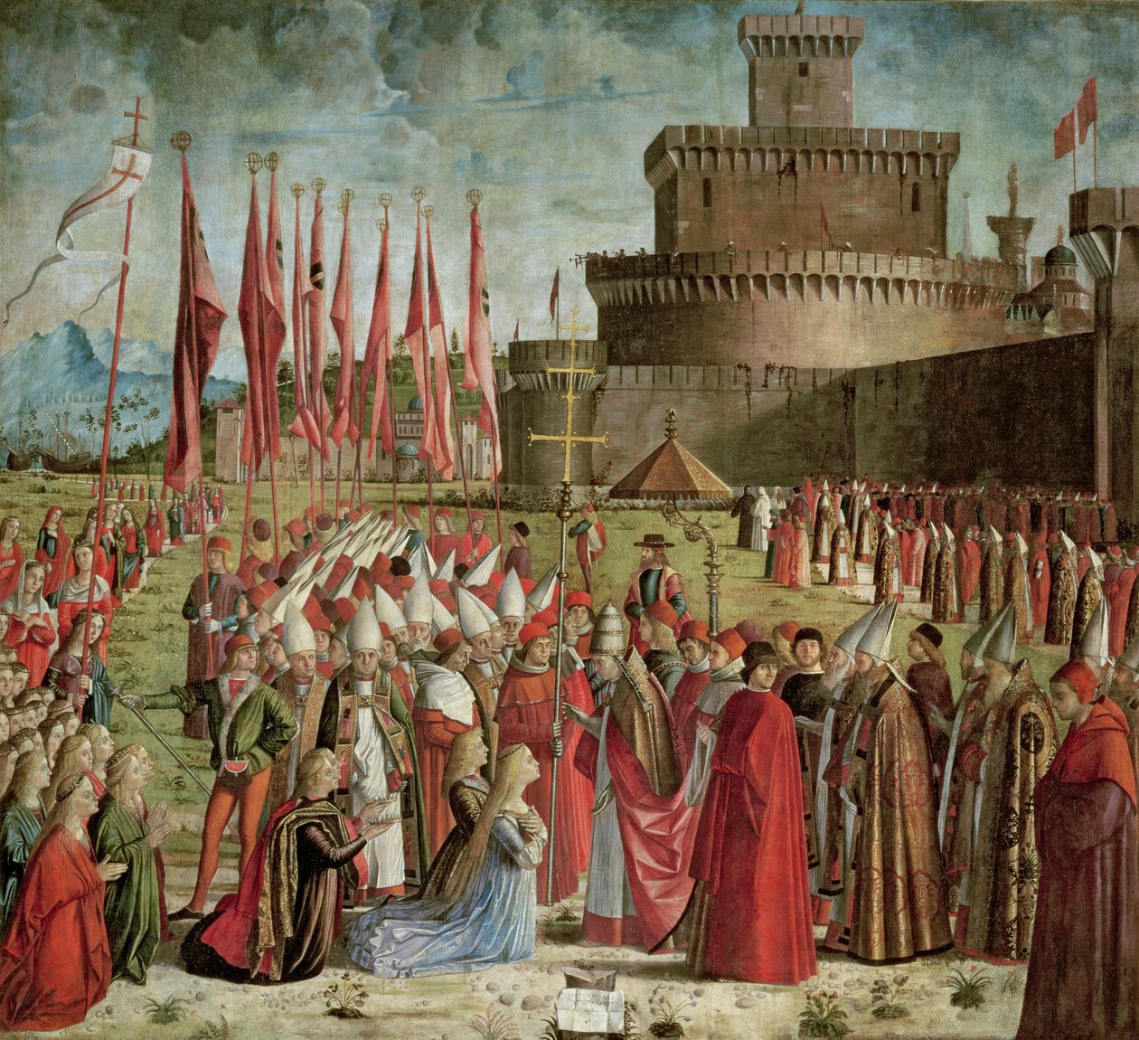 I pellegrini incontrano Papa Ciriaco davanti alle mura di Roma, dal ciclo di Sant