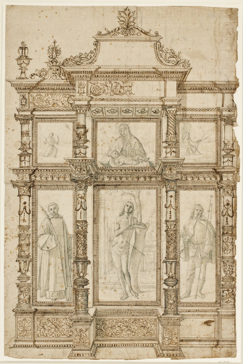 Studio per un altare con sei immagini inserite in una struttura ornata di cornici. In alto: La stigmatizzazione di San Francesco, Madonna col Bambino, San Girolamo nel deserto; in basso: Santi Lorenzo, Sebastiano e Rocco da Vittore Carpaccio
