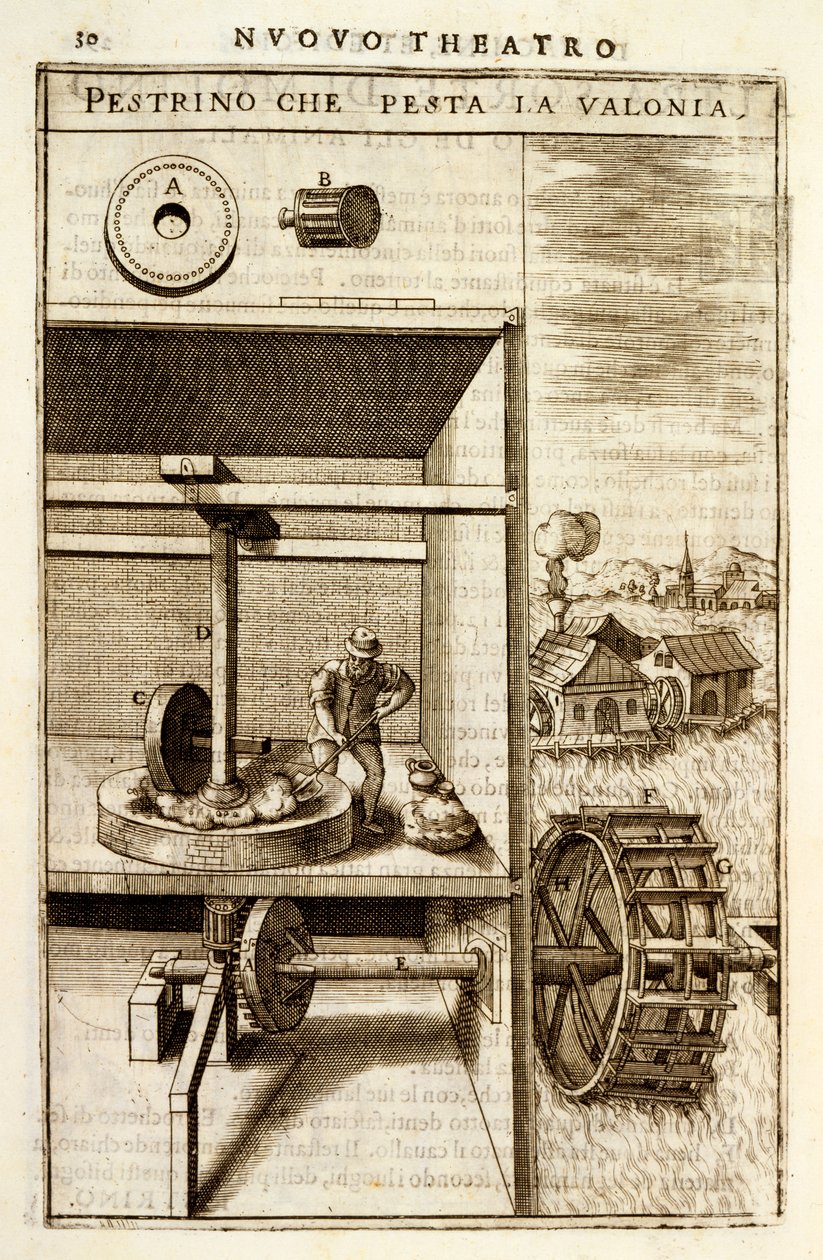 Una macchina frantumatrice o di macinazione ad acqua, 1607 da Vittorio Zonca