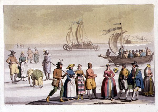 Scena di pattinaggio olandese incisa da G. Bramatti (incisione colorata) da Vittorio (after) Raineri