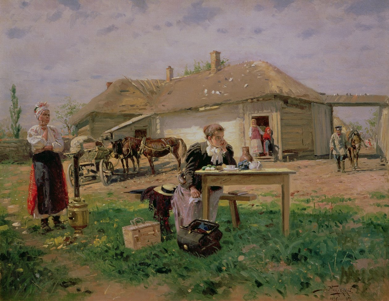 Arrivo di una maestra di scuola in campagna, 1897 da Vladimir Egorovic Makovsky