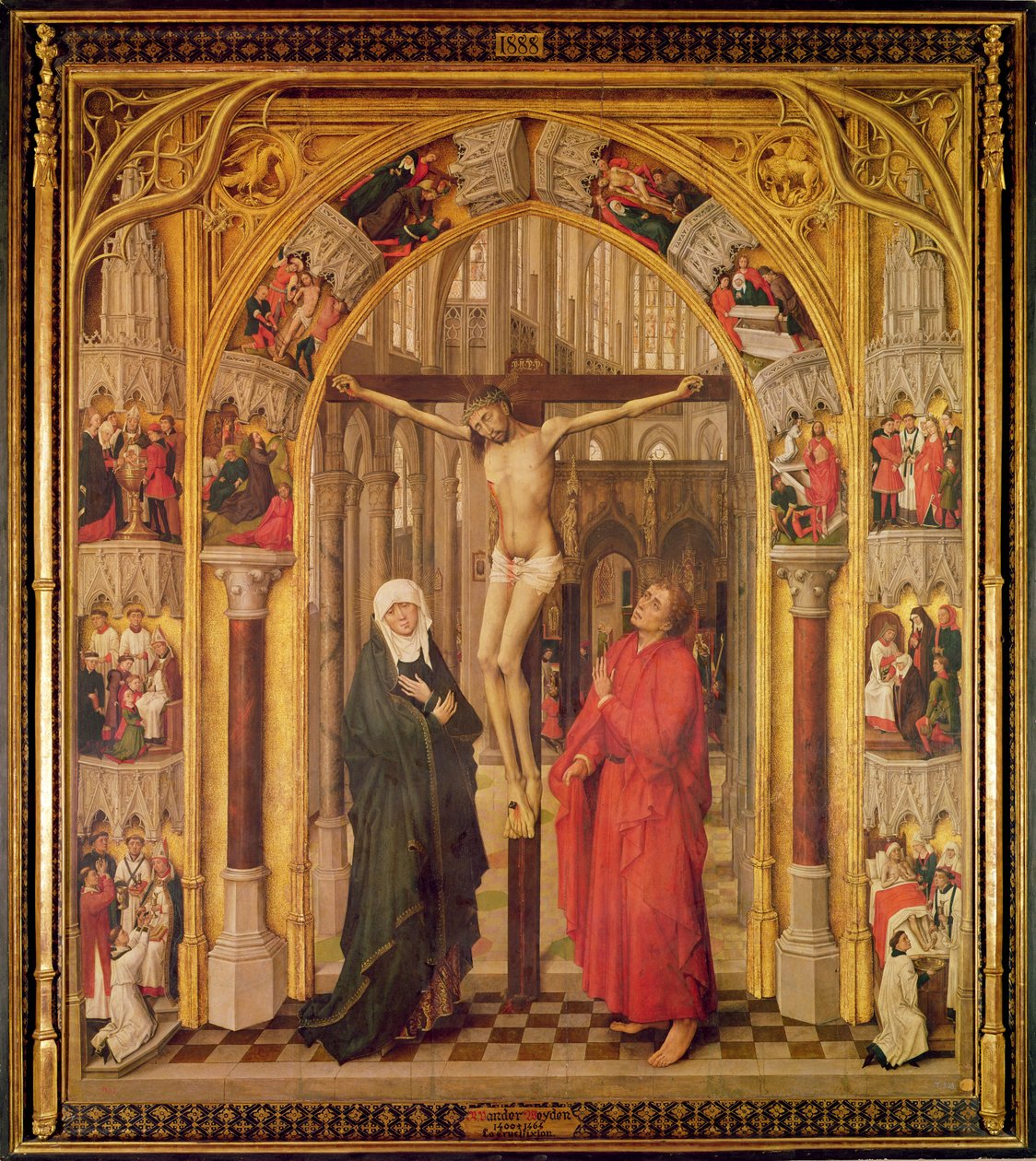 Cristo sulla croce, con la Vergine Maria e San Giovanni sotto un arco con tracciato gotico che conduce a una chiesa, pannello centrale del Trittico della Redenzione, c.1460 da Vrancke van der Stockt