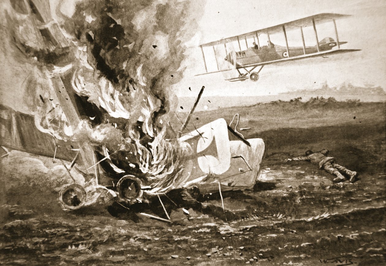 Il sottotenente Patrick sta per atterrare accanto a un aeroplano tedesco che aveva abbattuto da W. Avis