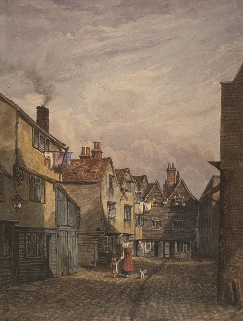 Vista di una donna e un bambino che camminano lungo Crown Court, Bermondsey, c.1825 da W. Barker