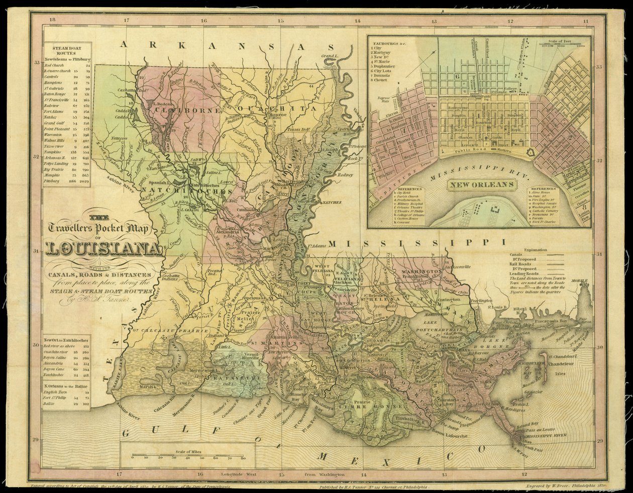La mappa tascabile del viaggiatore della Louisiana, pubblicata nel 1830 da W. Brose