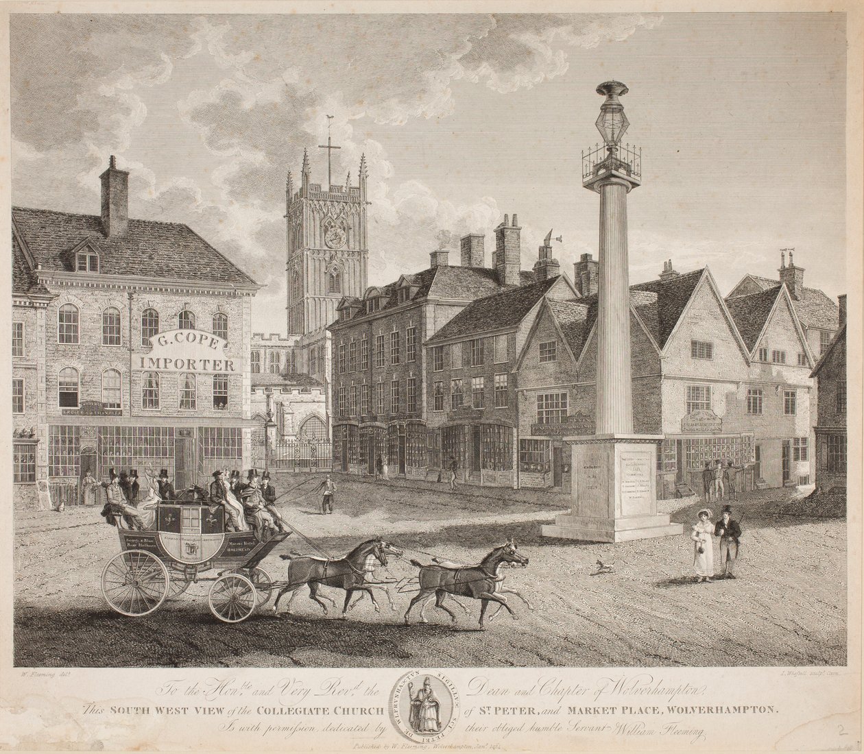 Vista sud-ovest della Chiesa Collegiata di San Pietro e del Mercato, Wolverhampton, 1824 da W. Fleeming