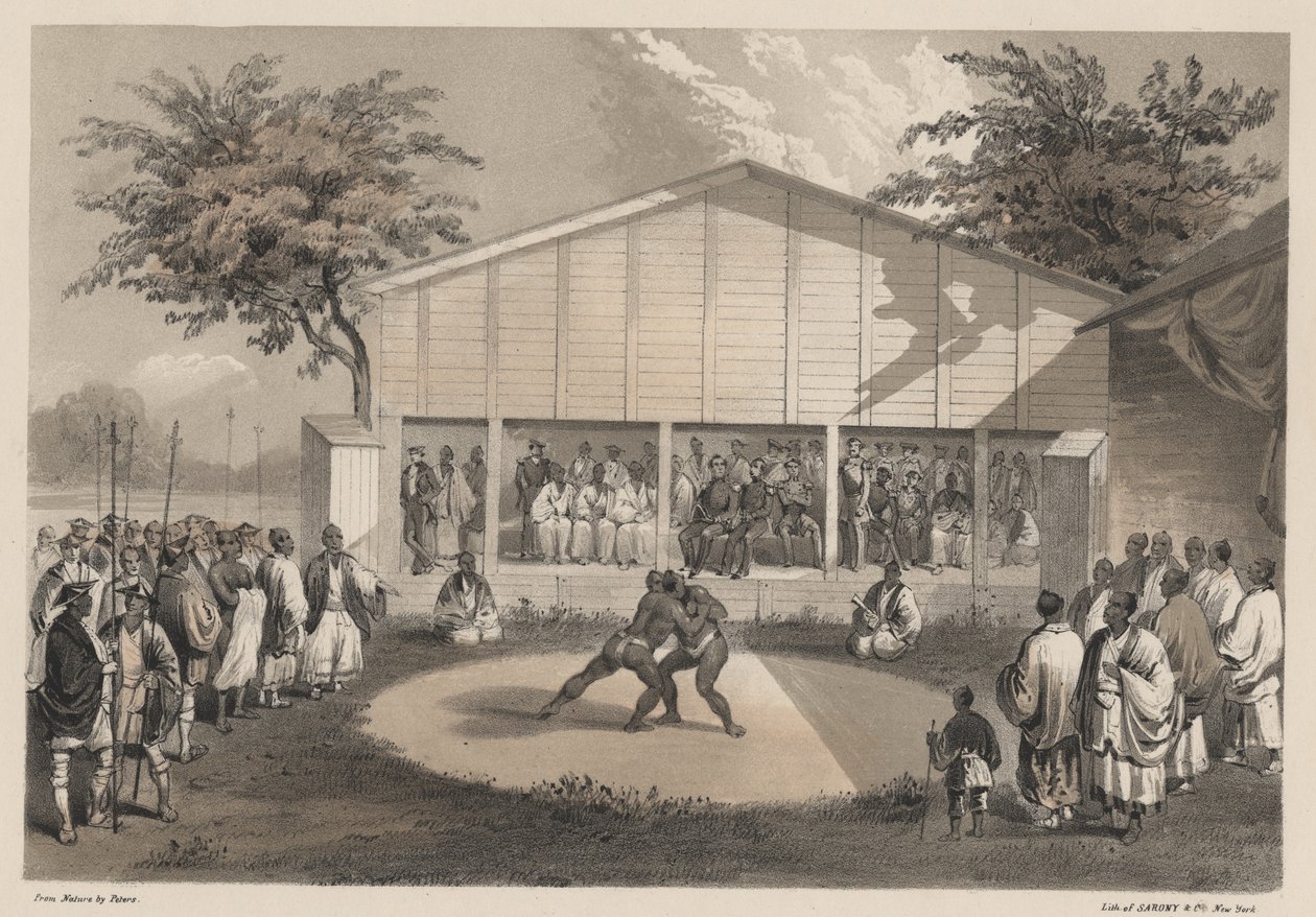 Lottatori a Yokohama, litografia di Sarony und Co., 1855 da W. T. Peters