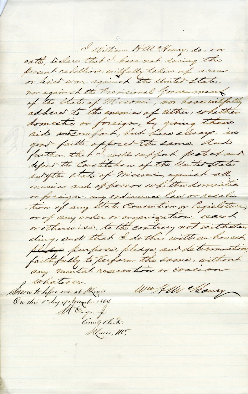 Giuramento di fedeltà di William H. McHenry del Missouri, Contea di St. Louis da W.H. McHenry