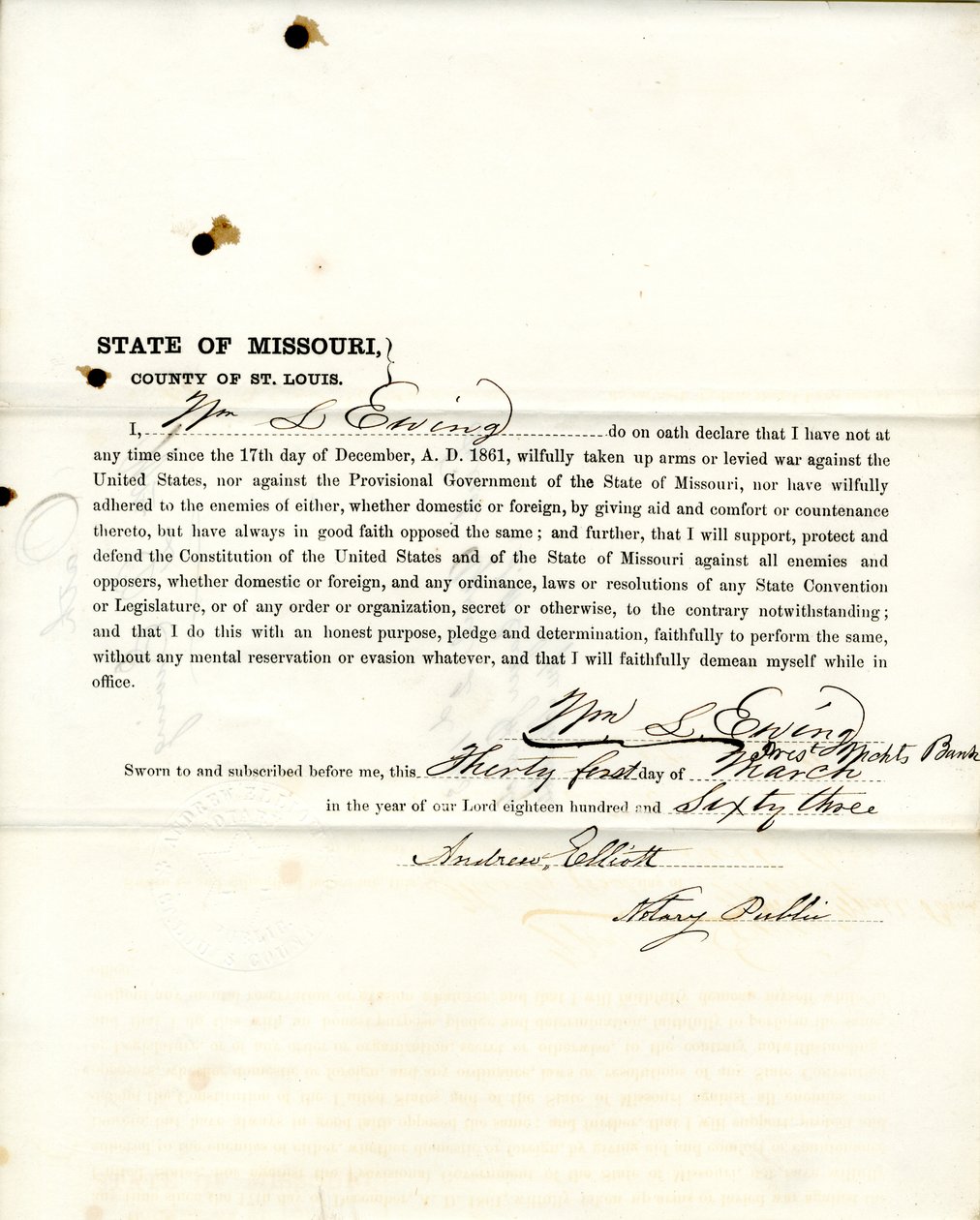 Giuramento di fedeltà di Wm. L. Ewing del Missouri, Contea di St. Louis da W.L. Ewing