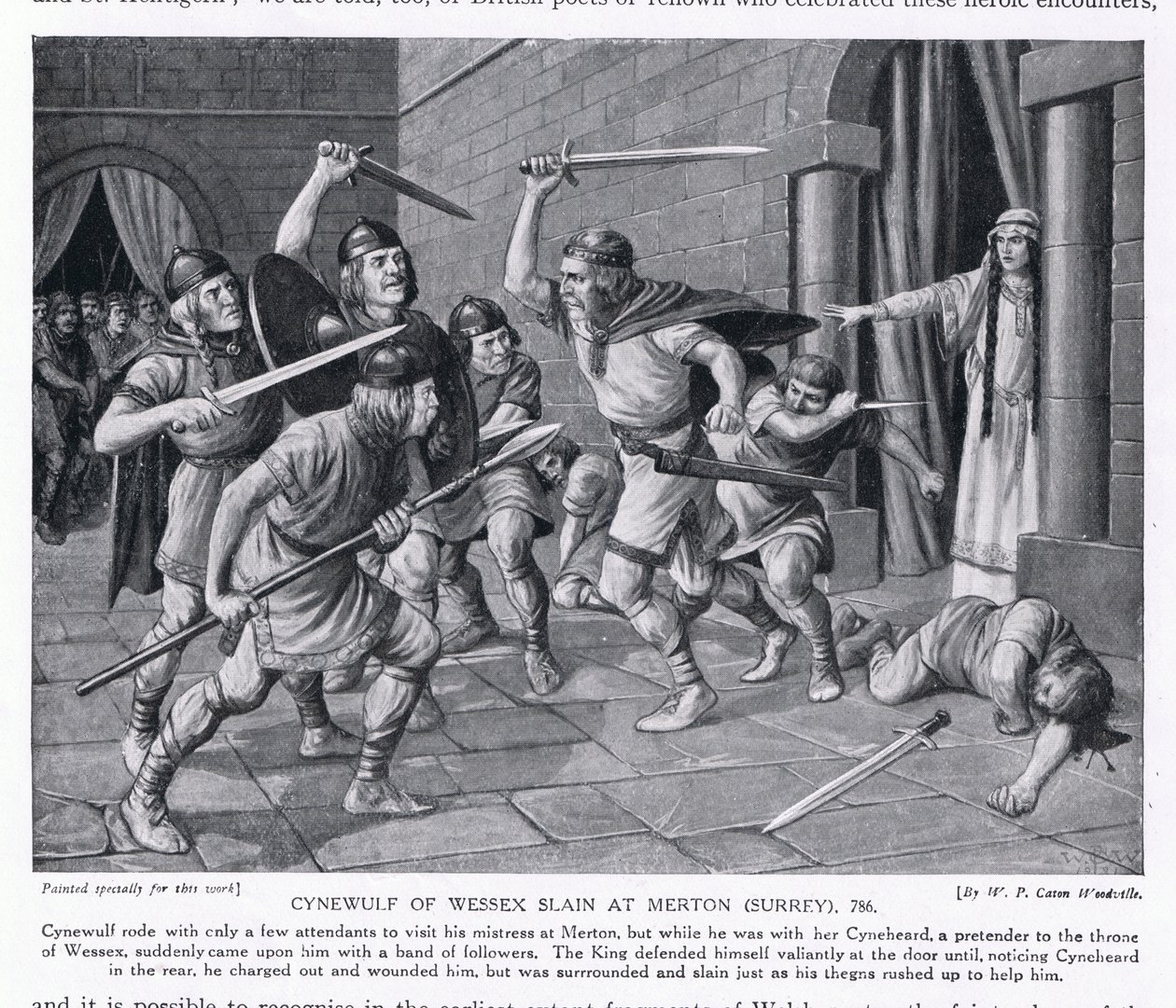 Cynewulf di Wessex ucciso a Merton, Surrey AD786, anni 1920 da W.P. Caton Woodville