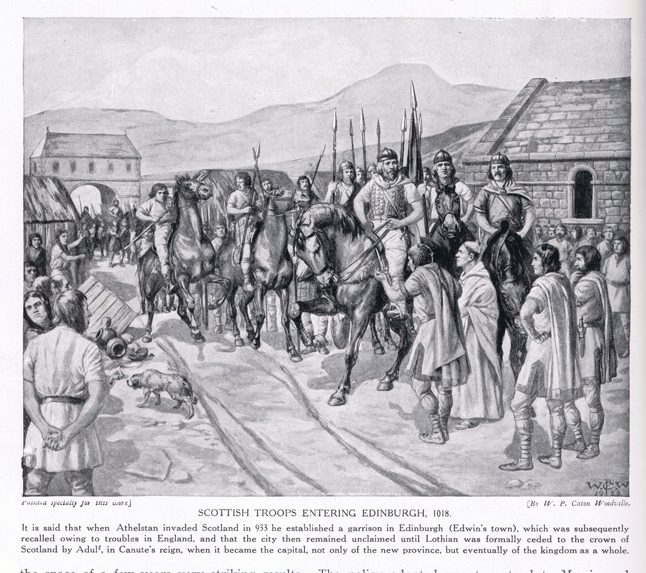 Truppe scozzesi che entrano a Edimburgo AD1018, anni 1920 da W.P. Caton Woodville