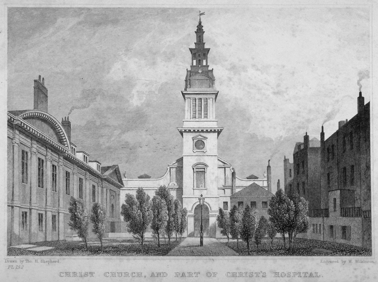 Vista occidentale della Christ Church, Newgate Street, con parte del Christ