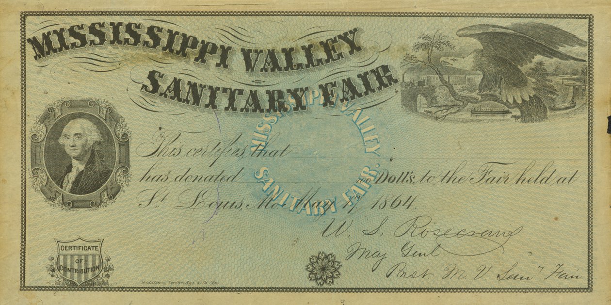 Certificato illustrato vuoto di contributo per donazioni fatte alla Fiera Sanitaria della Valle del Mississippi, 7 maggio 1864 da W. A. Rosecrans