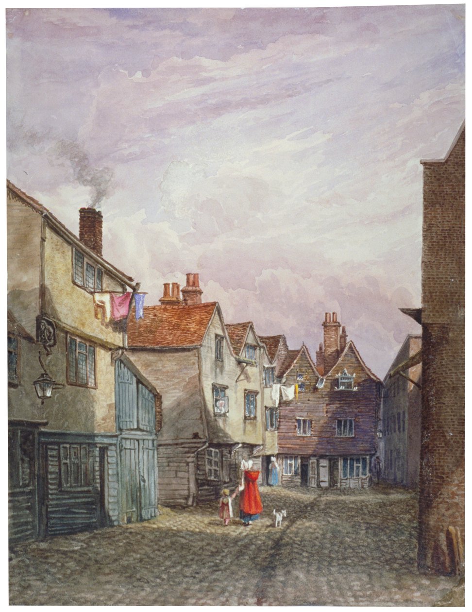 Vista di una donna e un bambino che camminano lungo Crown Court, Bermondsey, Londra, c1825 da W Barker