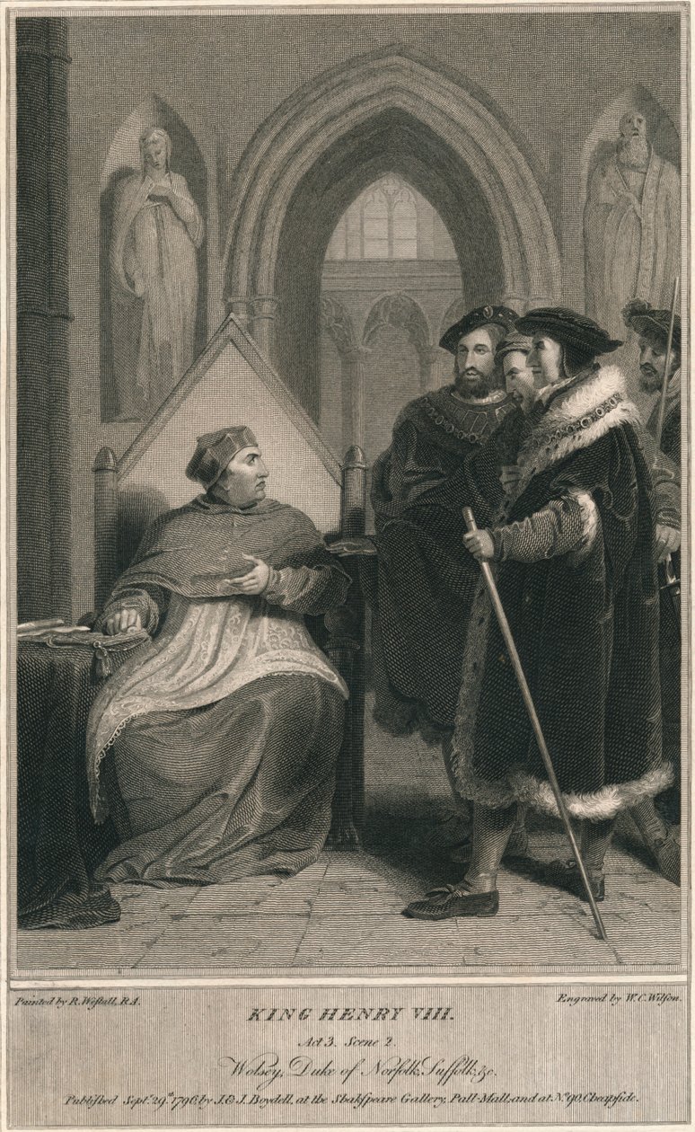 Re Enrico VIII. Atto 3. Scena 2. Wolsey, Duca di Norfolk, Suffolk & c, 1796 da W. C. Wilson