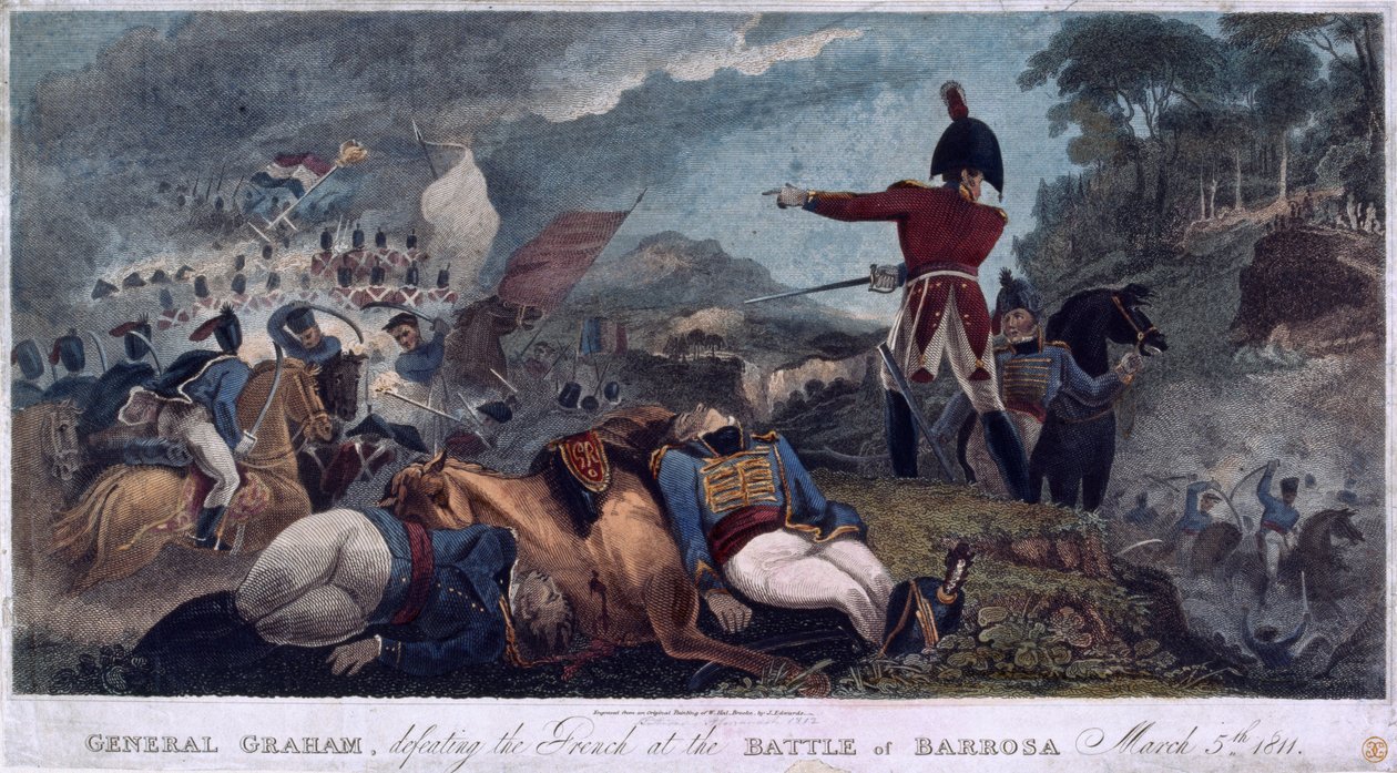 Il generale Graham sconfigge i francesi alla battaglia di Barrosa, inciso da J. Edwards, pubblicato da Almanack Stationers, 1812 da W. Hal Brooke