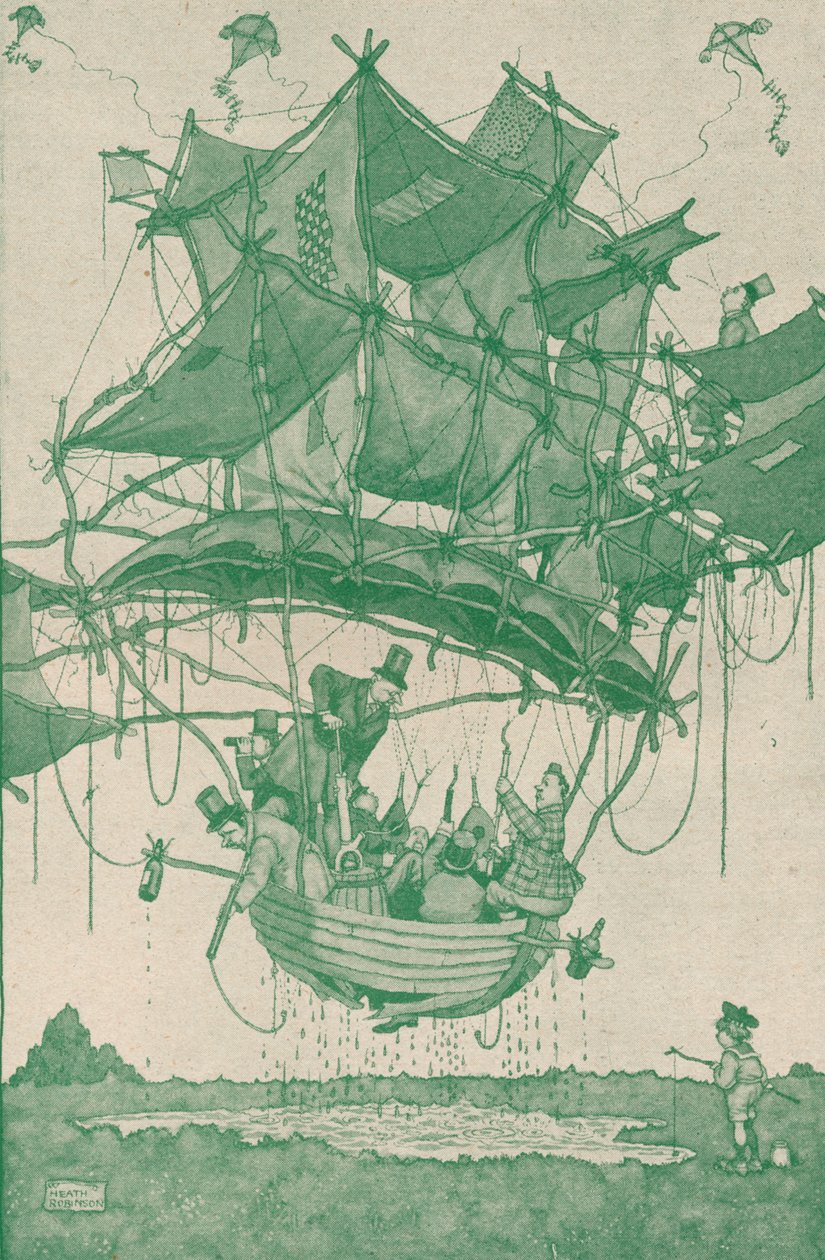 Un tipo molto precoce di idrovolante che effettua un volo di prova dagli stagni di Hampstead, c1918 1919 da William Heath Robinson