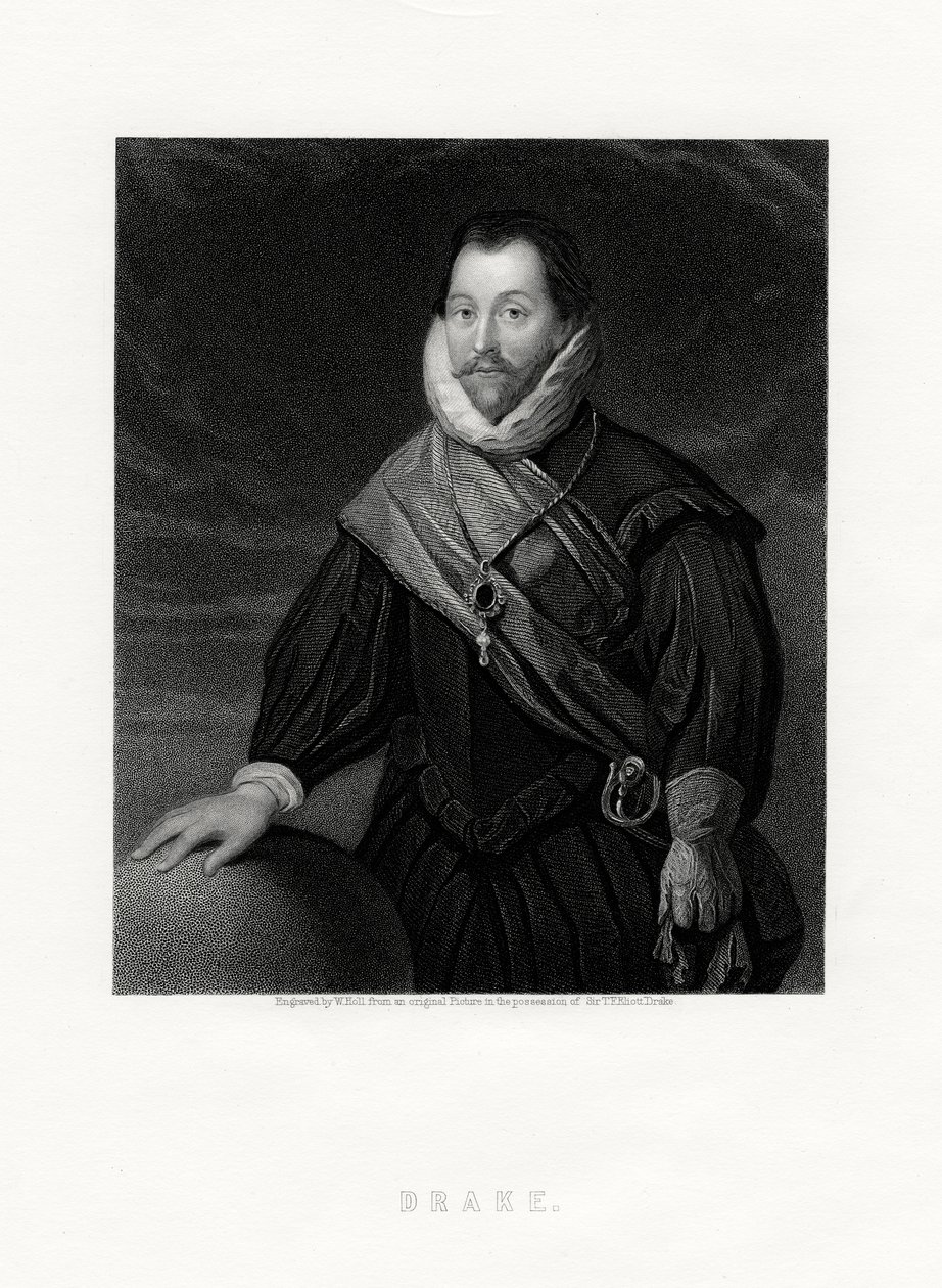 Sir Francis Drake, corsaro inglese, navigatore, pioniere navale, politico, XIX secolo da W. Holl